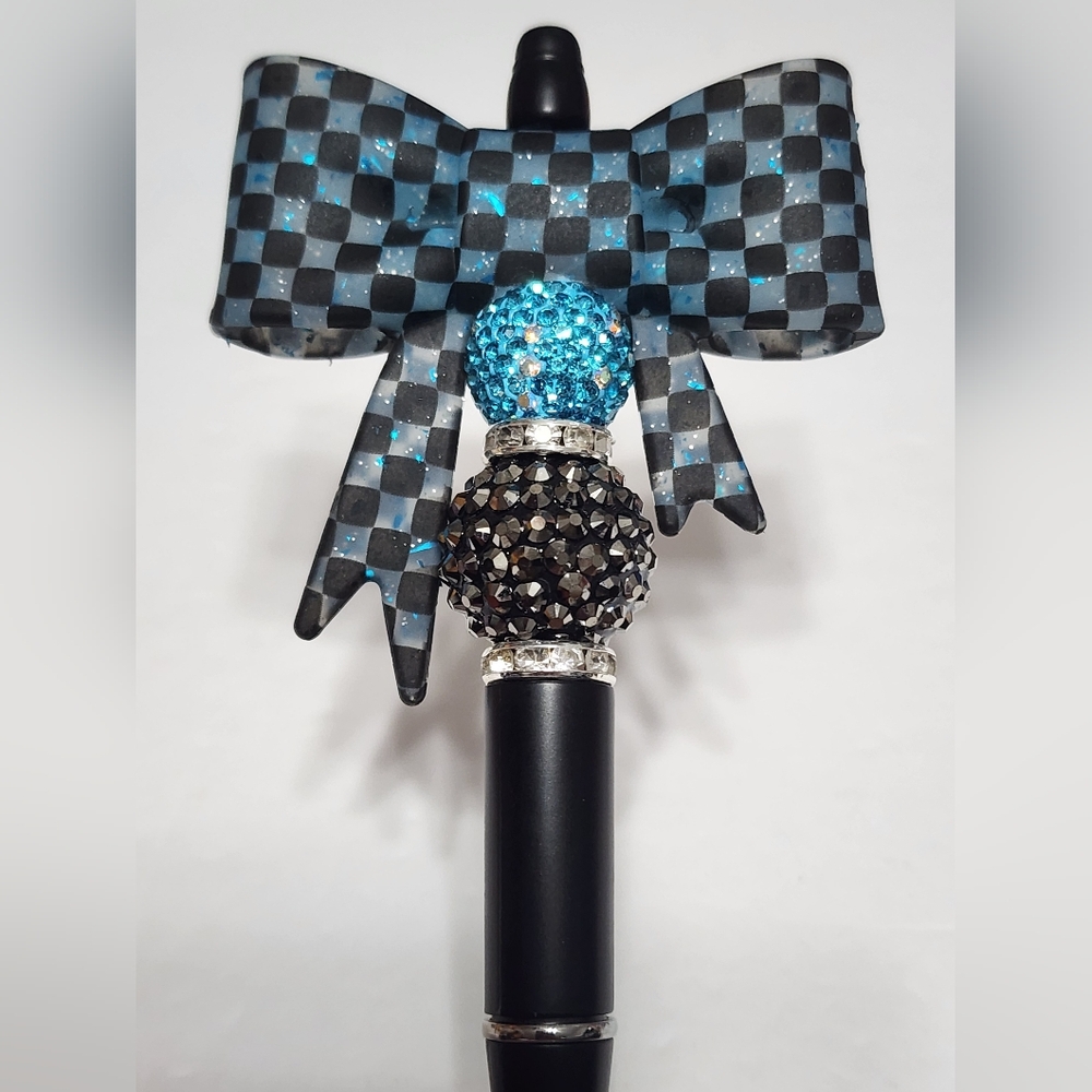 Checkered Bow Pen Glittery Blue Rhinestone Accents Beaded Black Ink‎ Gift